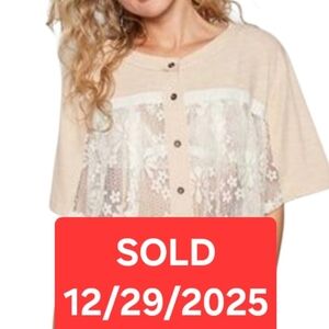 ‼️SOLD‼️POL Beige Lace Button Up Top Short Sleeve Blouse Bohemian Casual